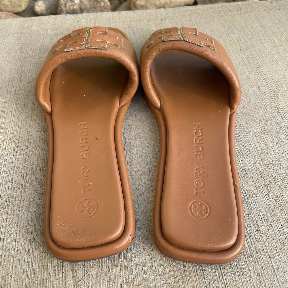 Tory Burch Double T Sport Slide Women 9.5 Leather Nappa Bourbon Miele Sandals** - Picture 5 of 10
